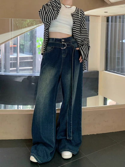 Kumikumi American hot girl high waist jeans wide leg pants women's early spring loose slim straight pants mopping pants