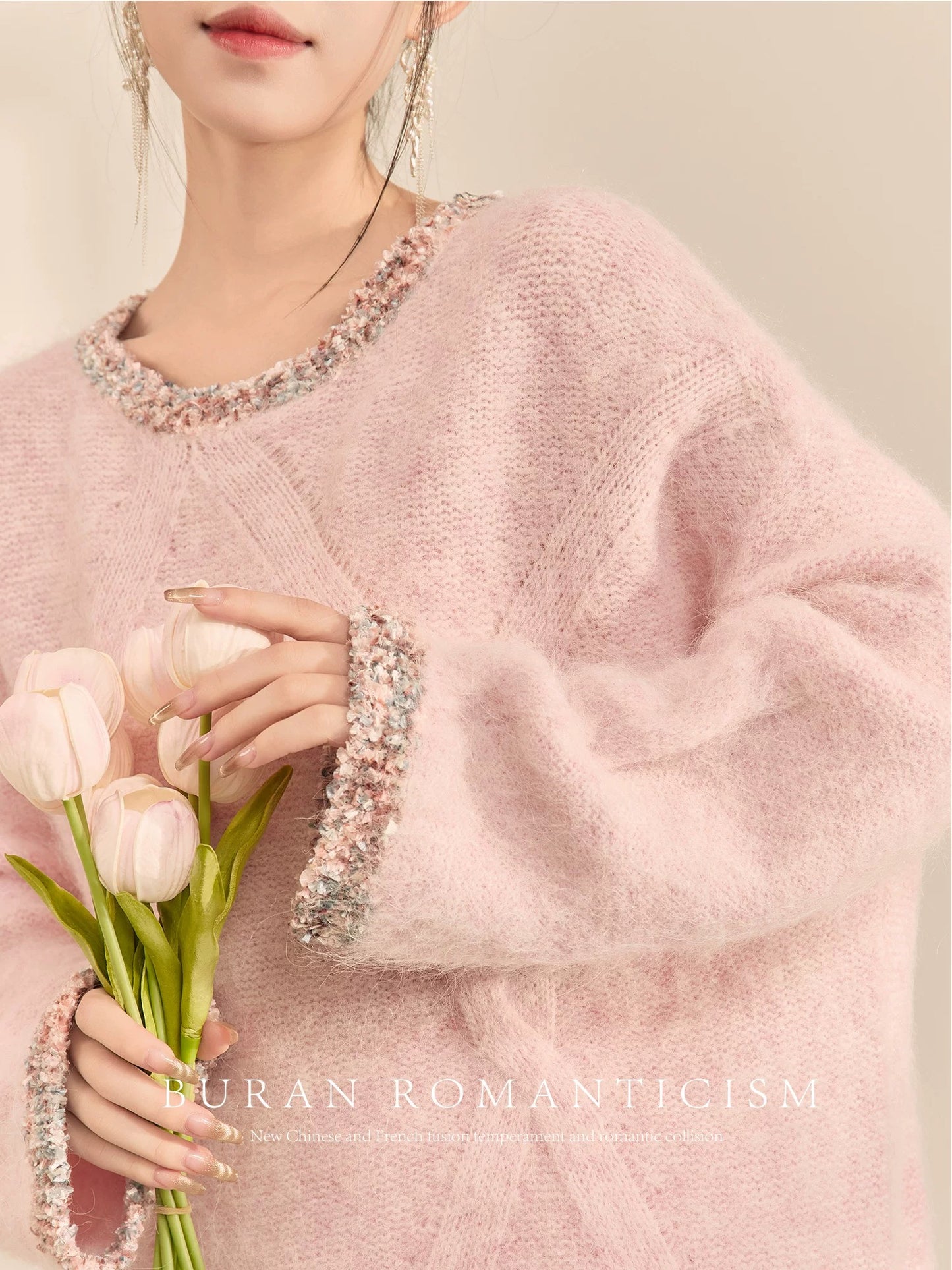 BURAN pink sweater round neck pullover, small fragrance, gentle temperament, high-end lady wool sweater base layer