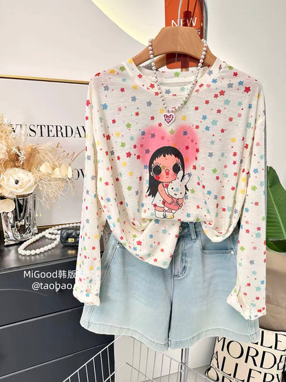 Summer Lyocell Sun-Protection Top – Korean-Style Sweet & Trendy Loose Long-Sleeve T-Shirt with Star & Cartoon Print (Lightweight)