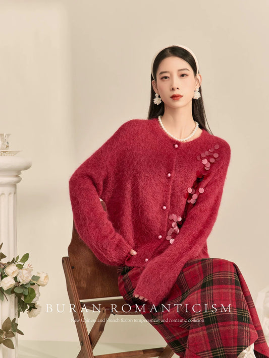 BURAN Sweater Women's 2024 New Winter Red French Soft Waxy Lazy Style Knitted Jacket Two-piece Set