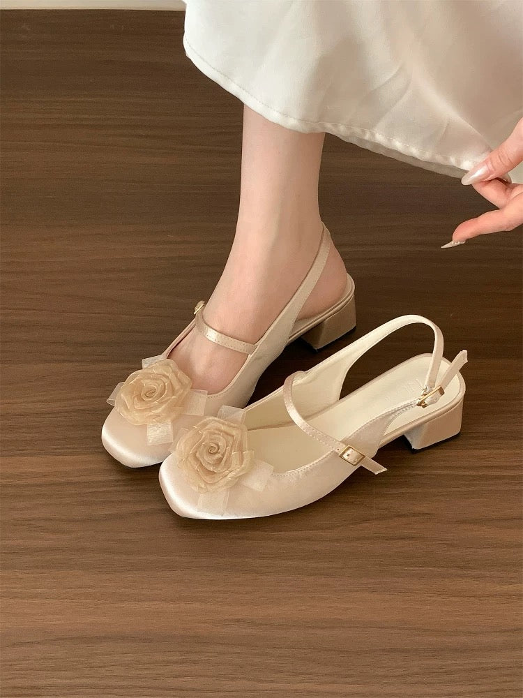 Huanli "Midsummer Rose" French Square Toe Floral Closed-Toe Sandals for Women, Spring/Summer, Satin, Open Back, Low-Cut Mary Jane Shoes