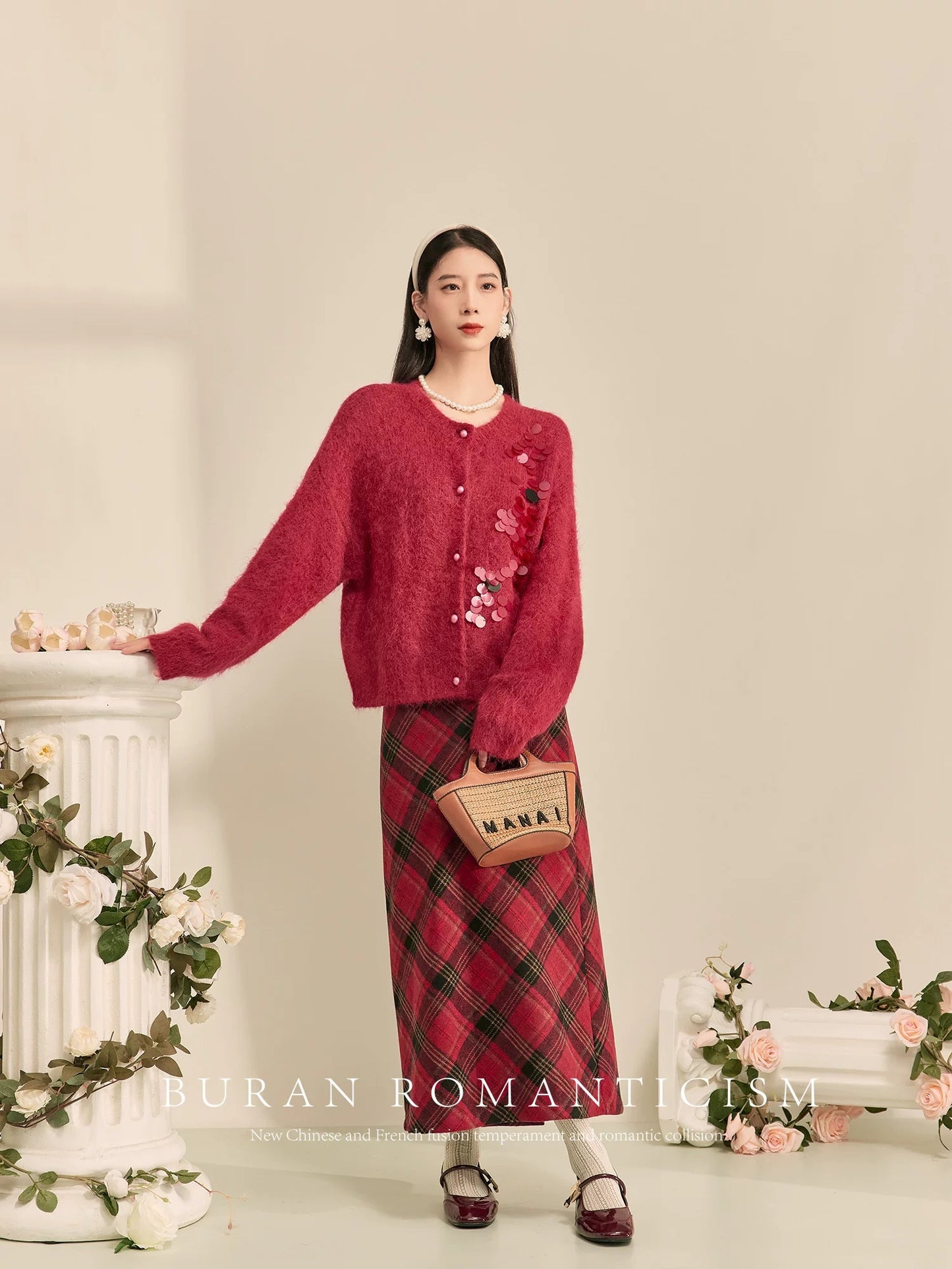 BURAN Sweater Women's 2024 New Winter Red French Soft Waxy Lazy Style Knitted Jacket Two-piece Set