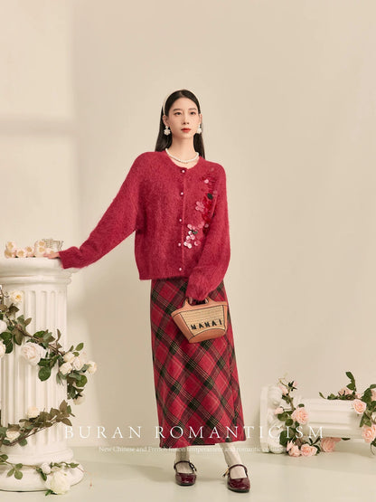 BURAN Sweater Women's 2024 New Winter Red French Soft Waxy Lazy Style Knitted Jacket Two-piece Set