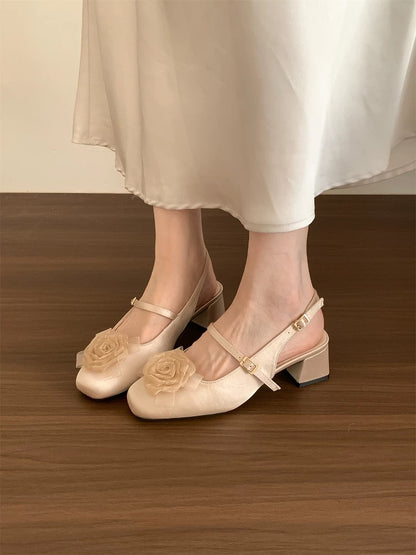 Huanli "Midsummer Rose" French Square Toe Floral Closed-Toe Sandals for Women, Spring/Summer, Satin, Open Back, Low-Cut Mary Jane Shoes