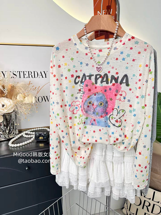 All-over star and kitten print sun-protection top—new summer Korean-style, chic, loose-fitting, and slimming Lyocell T-shirt for women.