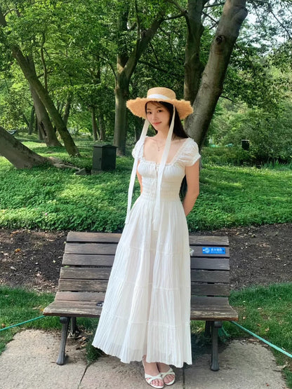 Xu Ruizhi and Ma Sichun's million-like approval model UO little white dress white moonlight pure cotton pleated square collar dress long dress