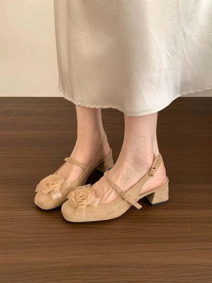 Huanli "Midsummer Rose" French Square Toe Floral Closed-Toe Sandals for Women, Spring/Summer, Satin, Open Back, Low-Cut Mary Jane Shoes