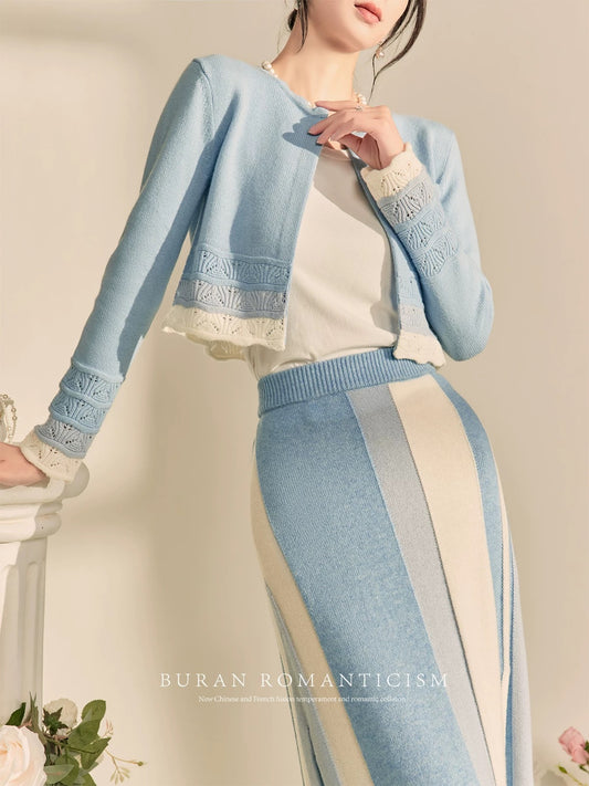 BURAN 2024 new autumn matching set of blue hollow pattern top women's slit skirt suit
