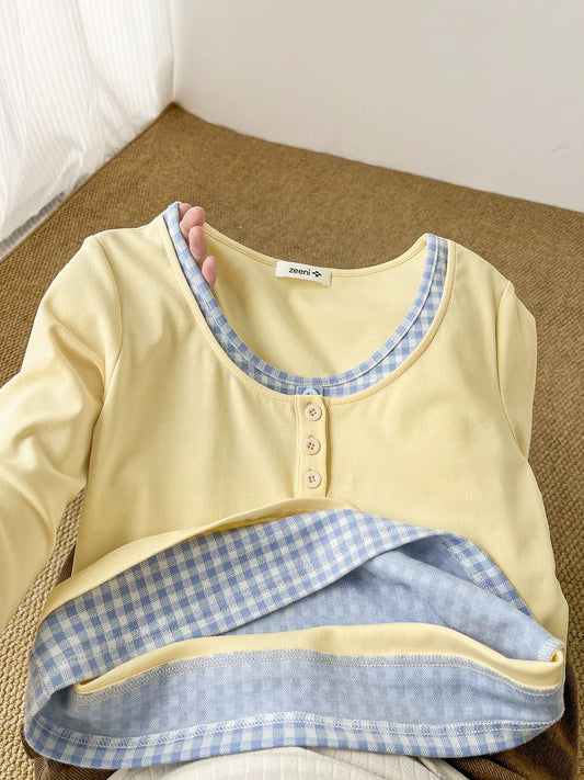 The best recommendation~Slim and commuting! Light yellow plaid patchwork bottoming shirt T-shirt female slim inner top
