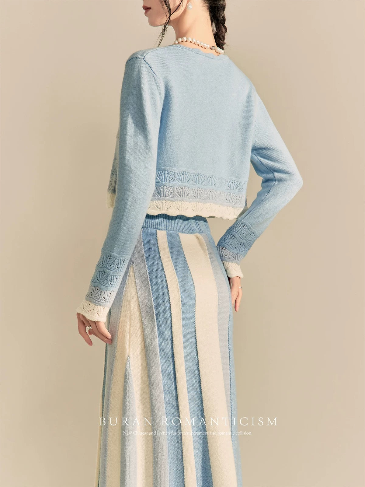 BURAN 2024 new autumn matching set of blue hollow pattern top women's slit skirt suit