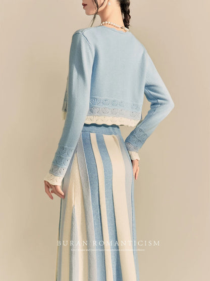 BURAN 2024 new autumn matching set of blue hollow pattern top women's slit skirt suit