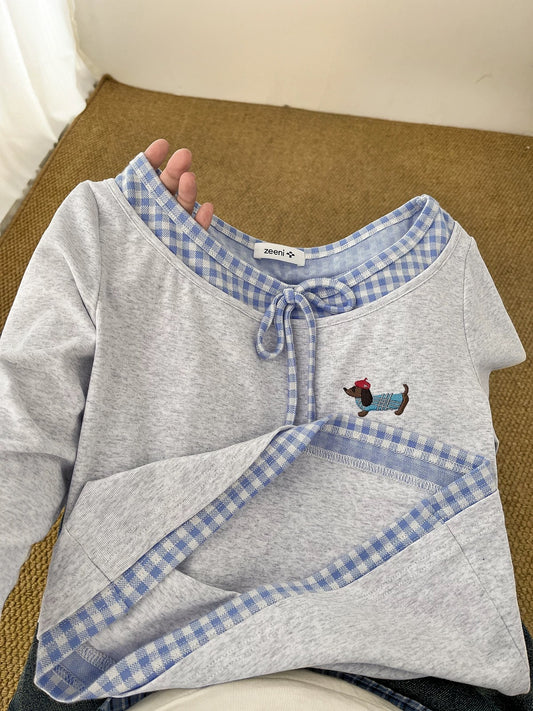 A treasure item for everyone~ New plaid stitching fake two-piece sausage dog embroidered T-shirt for women