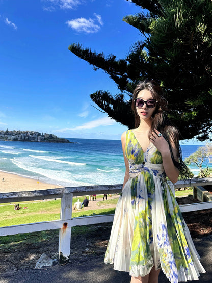 Xu Ruizhi's medieval out-of-print pattern peacock blue-green goddess holiday dress pleated short skirt elegant sling backless