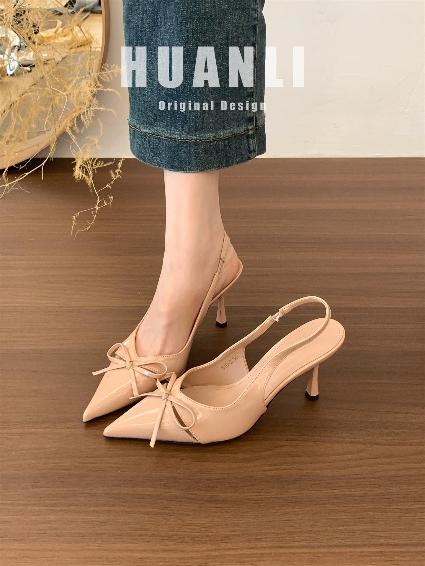 8.5CM "Gentle Fairy Style" Pointed Toe Stiletto Heel Low Mouth Open Back Single Shoes with Bow High Heels Women's Closed-Toe Sandals