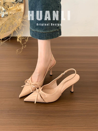8.5CM "Gentle Fairy Style" Pointed Toe Stiletto Heel Low Mouth Open Back Single Shoes with Bow High Heels Women's Closed-Toe Sandals