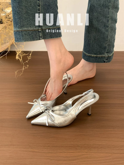 8.5CM "Gentle Fairy Style" Pointed Toe Stiletto Heel Low Mouth Open Back Single Shoes with Bow High Heels Women's Closed-Toe Sandals