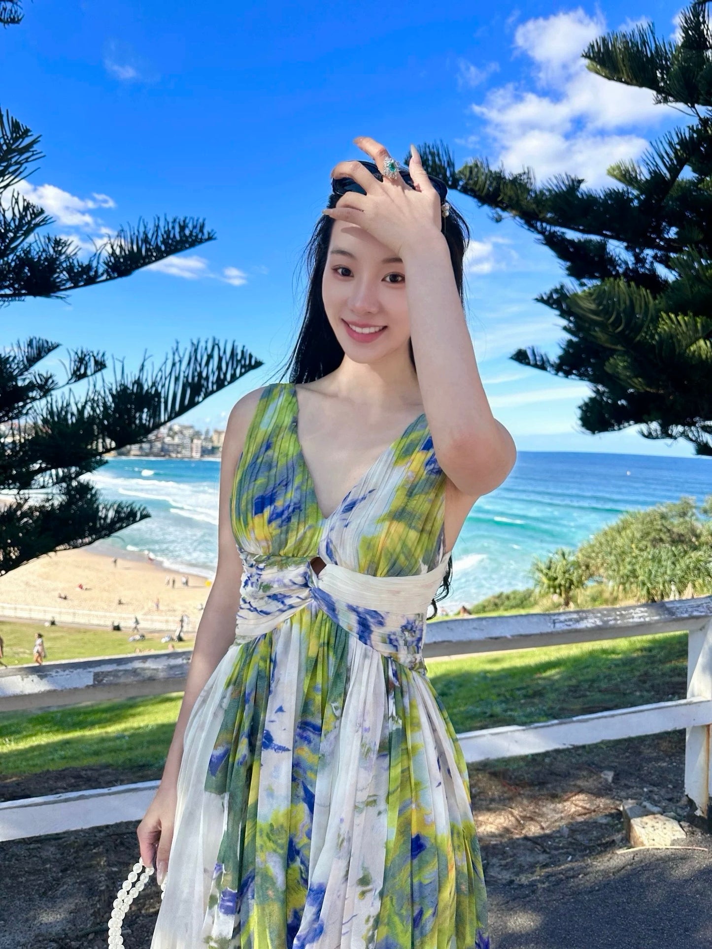 Xu Ruizhi's medieval out-of-print pattern peacock blue-green goddess holiday dress pleated short skirt elegant sling backless