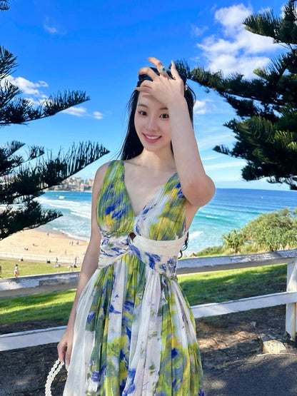 Xu Ruizhi's medieval out-of-print pattern peacock blue-green goddess holiday dress pleated short skirt elegant sling backless