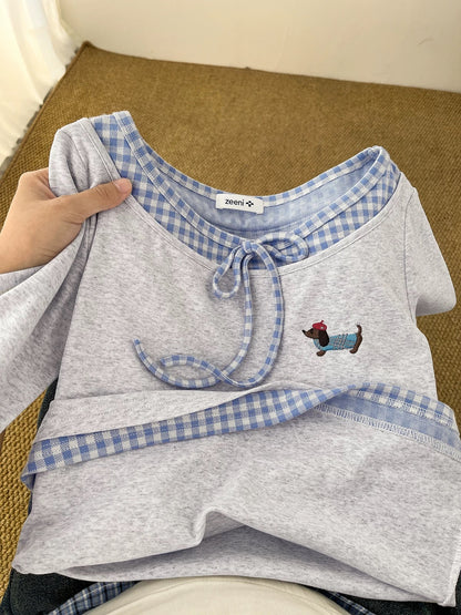 A treasure item for everyone~ New plaid stitching fake two-piece sausage dog embroidered T-shirt for women