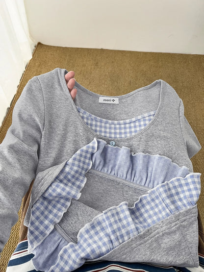 Beautiful knock! Niche original design splicing fake two-piece long-sleeved bottoming T-shirt for women 2025 spring tops