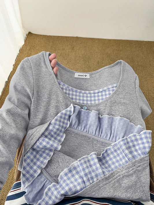 Beautiful knock! Niche original design splicing fake two-piece long-sleeved bottoming T-shirt for women 2025 spring tops
