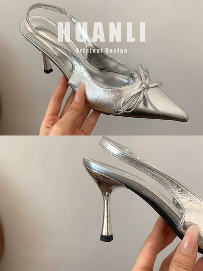 8.5CM "Gentle Fairy Style" Pointed Toe Stiletto Heel Low Mouth Open Back Single Shoes with Bow High Heels Women's Closed-Toe Sandals