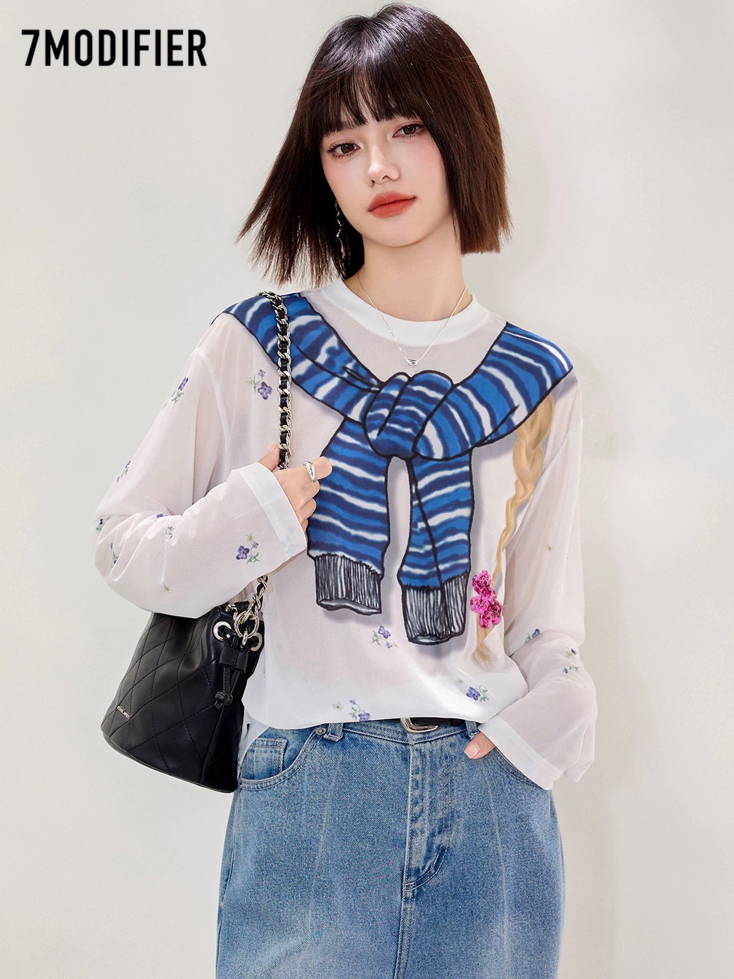 La Chapelle 7M2025 creative printing loose slim round neck pullover fashionable all-match long-sleeved T-shirt top