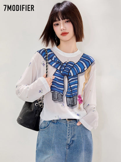 La Chapelle 7M2025 creative printing loose slim round neck pullover fashionable all-match long-sleeved T-shirt top