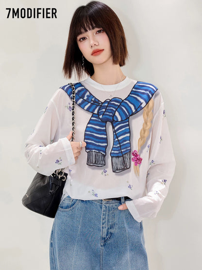 La Chapelle 7M2025 creative printing loose slim round neck pullover fashionable all-match long-sleeved T-shirt top