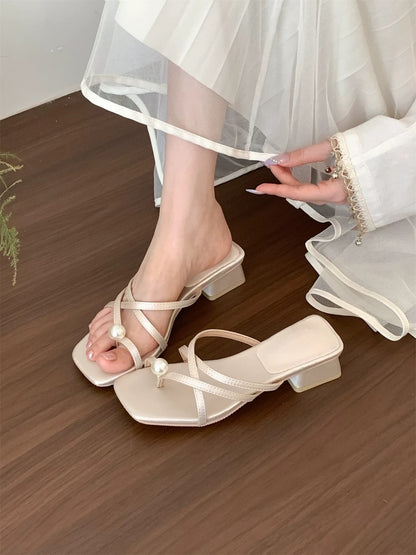 Huanli "French Fairy" Elegant Square Toe Flip-Flops Chunky Heel Women's Summer Outerwear Mid-Heel Roman Sandals