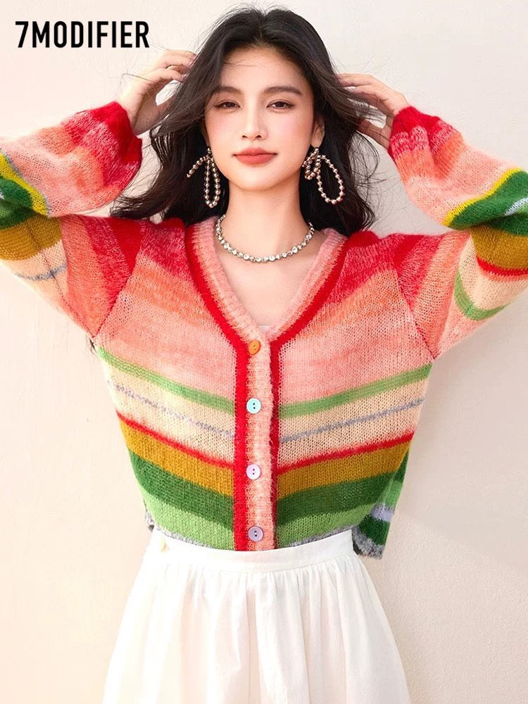 La Chapelle 7M2025 autumn new color contrast retro chic knitted sweater lantern sleeve design tops for women