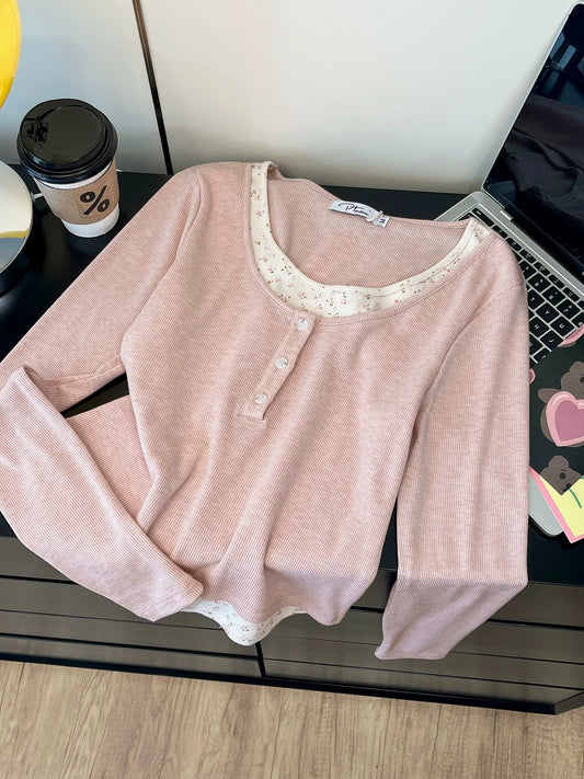 [Free trial] Fake two-piece design long-sleeved T-shirt for women, pink bottoming shirt, waist-hugging, sweet and spicy top
