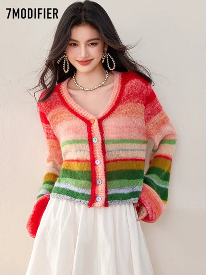 La Chapelle 7M2025 autumn new color contrast retro chic knitted sweater lantern sleeve design tops for women