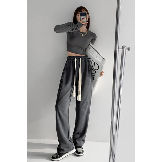 European and American high-end lazy style loose walking pants women's spring and summer woven drawstring vertical feeling straight sports pants ins tide