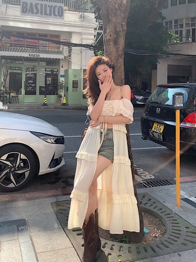 Holiday style sunscreen tie square collar one shoulder dress women's summer design sense splicing loose long skirt