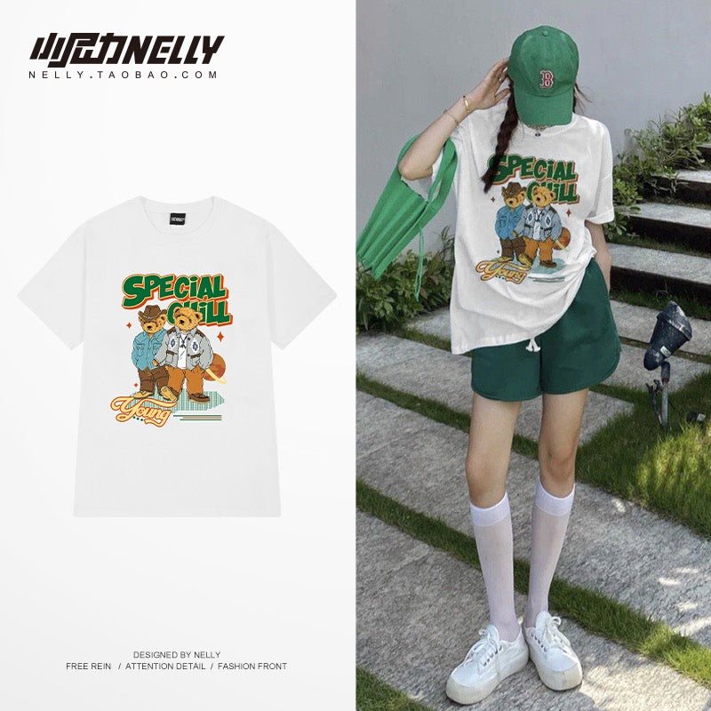 Ins summer cartoon oversize bear print short-sleeved T-shirt men's pure cotton bottoming shirt loose half-sleeved T-shirt