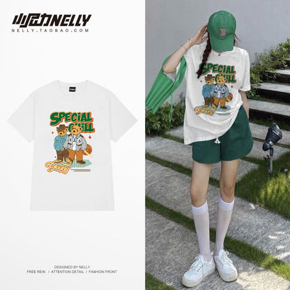 Ins summer cartoon oversize bear print short-sleeved T-shirt men's pure cotton bottoming shirt loose half-sleeved T-shirt
