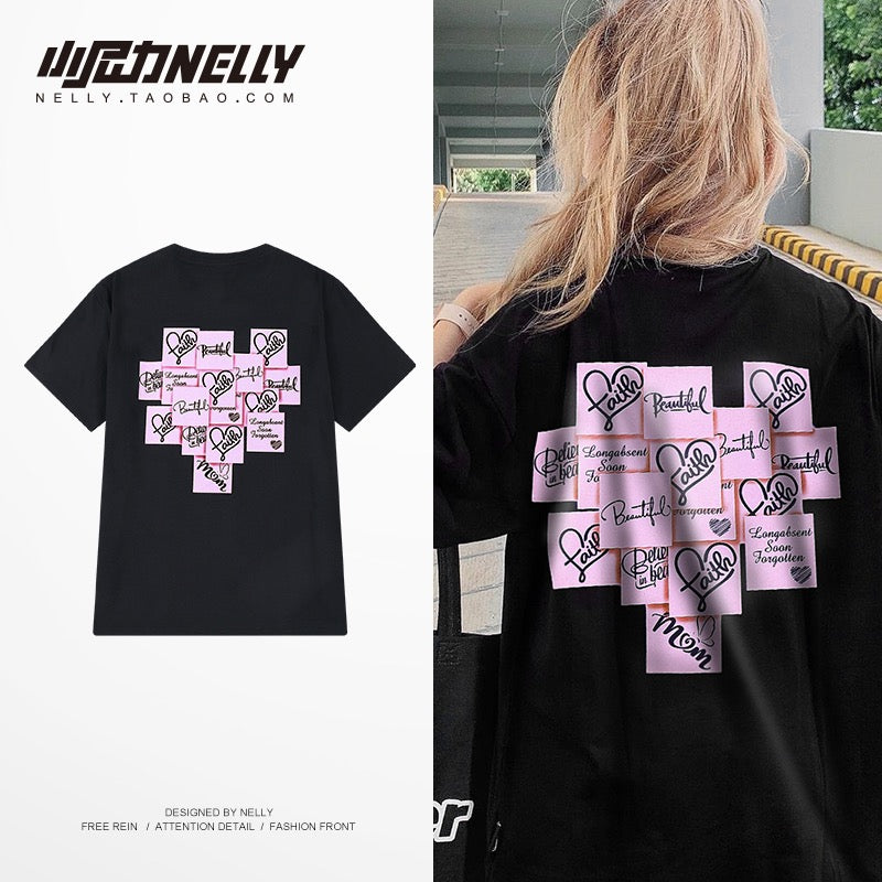 oversize love post-it sticker woven label design couple outfit solid color T-shirt fried street short-sleeved men's and women's half-sleeved mid-sleeve