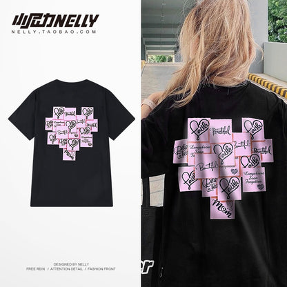 oversize love post-it sticker woven label design couple outfit solid color T-shirt fried street short-sleeved men's and women's half-sleeved mid-sleeve