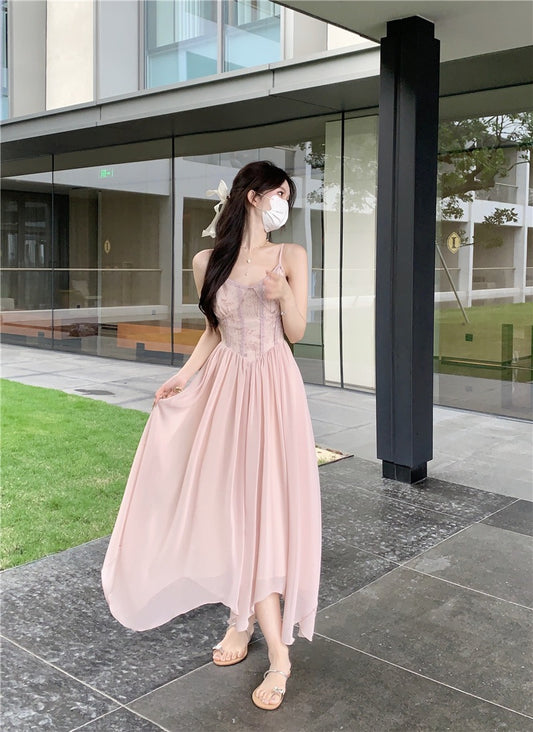 Ballet style French suspender dress women's summer fish bone seaside holiday skirt temperament ruffle mid-length skirt