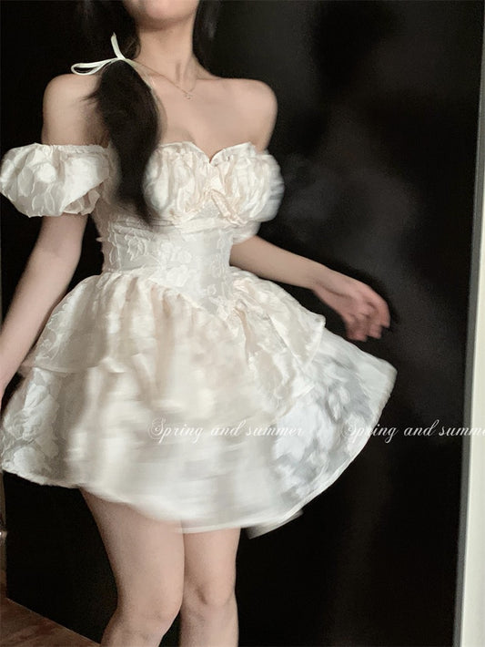Ballet style sweet bubble short-sleeved dress women's summer one-shoulder skirt sexy pure desire temperament a-line skirt