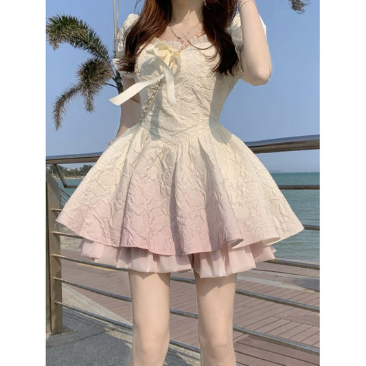 Gradient Pink Square Neck Puff Sleeves Princess Wind Puff Dress Women Summer Slim Waist Slim Beautiful Beautiful Skirt