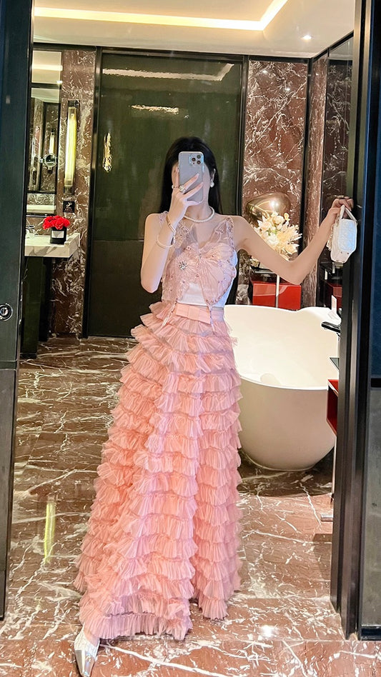 BETTER LS suit female pure desire temperament embroidery bow camisole top cake dress two-piece set