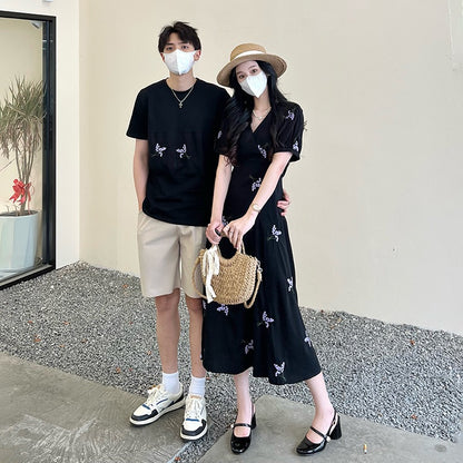 High-end couple wear summer short-sleeved T-shirt women's retro v-neck temperament flower embroidery dress one skirt one clothes tide