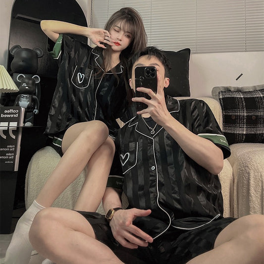 2022 new couple pajamas women's summer short-sleeved black ins men's short-sleeved high-end home service suit