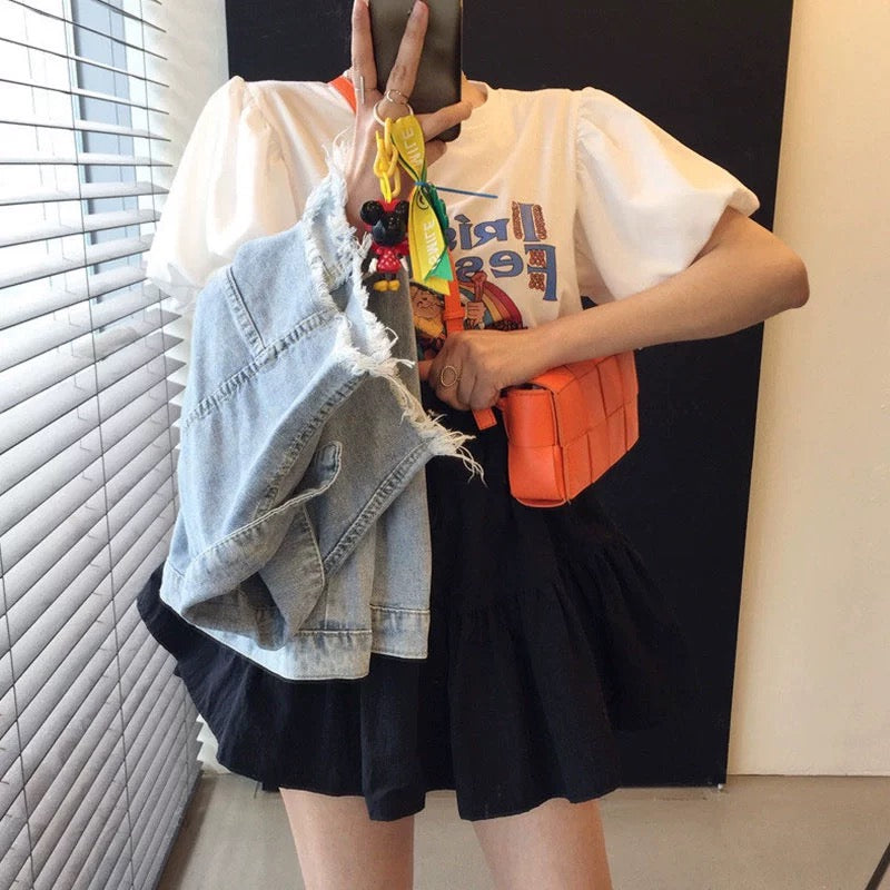 Korean chic summer playful age-reducing round neck cartoon letter lantern sleeve T-shirt + high waist drawstring fluffy skirt