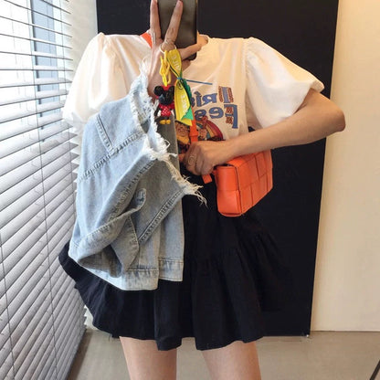 Korean chic summer playful age-reducing round neck cartoon letter lantern sleeve T-shirt + high waist drawstring fluffy skirt