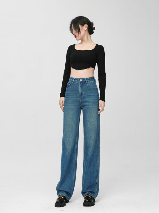 Wang Youshan high-waisted denim wide-leg pants women's loose drape spring and summer 2023 straight-leg pants slim mopping trousers