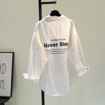 2023 spring new Korean version of the letter thickened shirt female bat sleeve loose casual shirt mid-length short coat