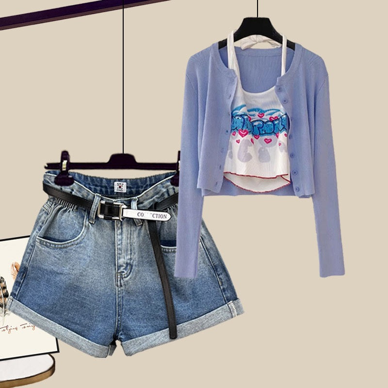 Pure and sweet suits early spring and summer outfits for small people wearing hot girls vest cardigan denim shorts three-piece spring